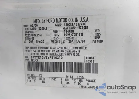 2000 Ford Ranger Xl/Xlt из США, поврежденный, VIN 1FTYR10V8YPB10310